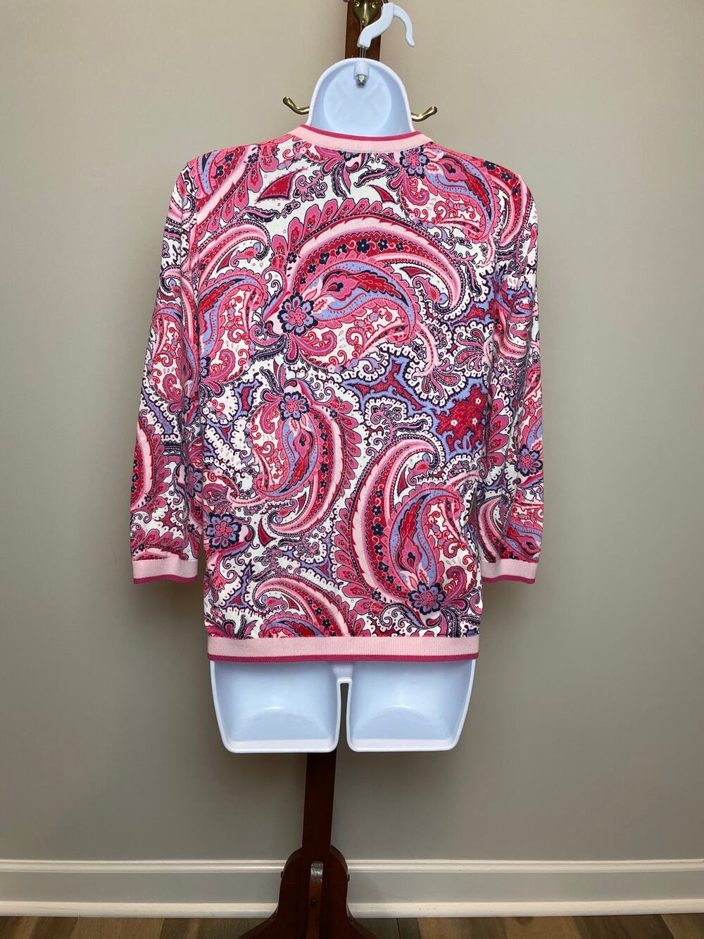 Talbots Cardigan Size S Pink Paisley Button Front Crew Neck Cotton Blend